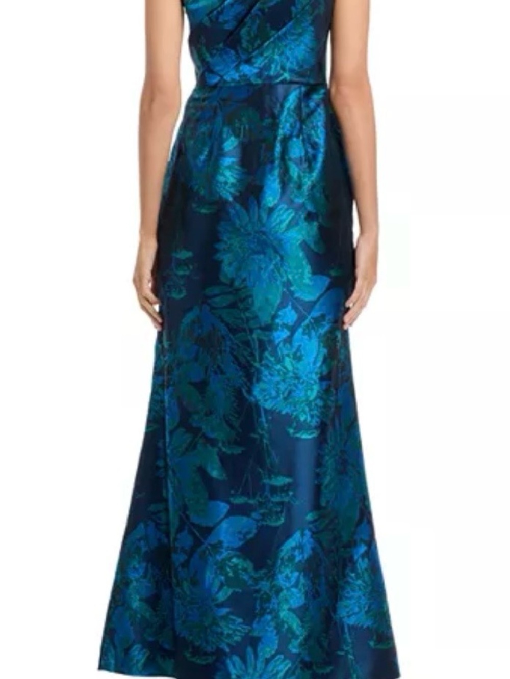 Adrianna Papell Teal and Navy One-Shoulder Floral Gown